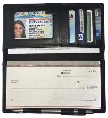 Cubierta de chequera de cuero RFID con ranuras para tarjetas de crédito y soporte para bolígrafo Foto 1 de 2