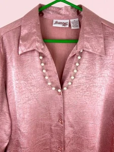Joanna Womens Size 1X Rose Button Front 3/4 Sleeve w/Detachable Necklace NWT - Picture 1 of 6