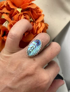 GORGEOUS VINTAGE MODERNIST 925 SOLID STERLING SILVER ABALONE SHELL RING SIZE L - Picture 1 of 17