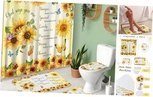 4 PCS Bathroom Shower Curtain Sets Bathroom Set Yellow Shower Curtain Sunflower - Picture 1 of 8