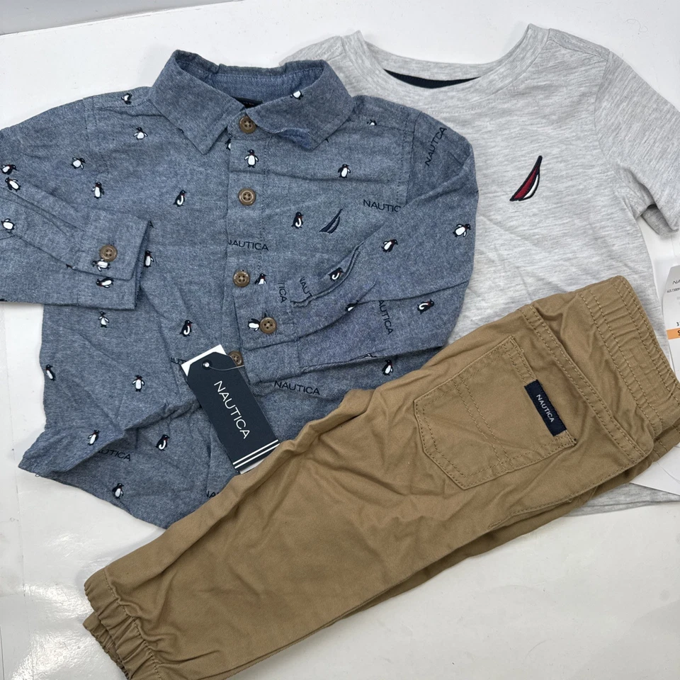 全新 * 不完美 * Nautica 12 个月男孩 3 件套慢跑 T 恤纽扣 — 第 1/4 张图片