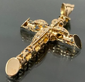 1960's 14K Yellow Gold & White Sapphire Filigree Cross Pendant 58mm - Picture 1 of 7