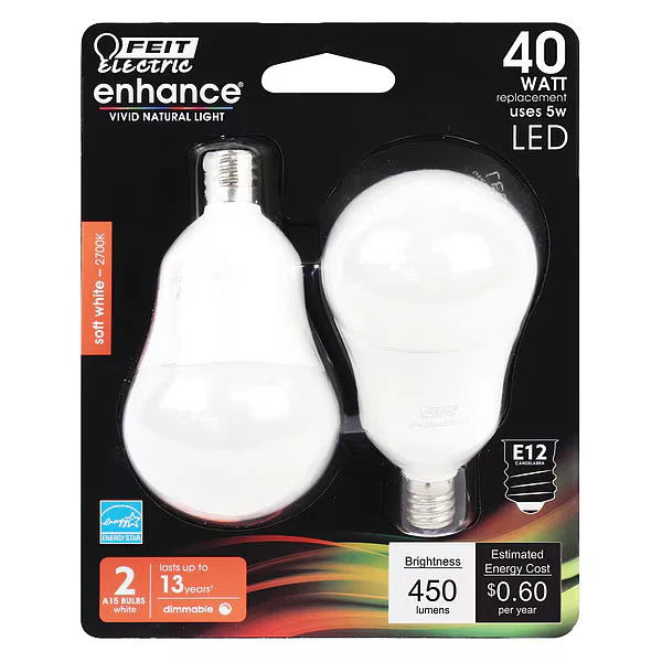 Feit Electric LED,5 W,A15,Candelabra Screw (E12),PK2 BPA1540C/927CA/2 Feit - Image 1 of 1
