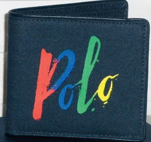 $ 125 Polo Ralph Lauren Herren Logo Lederbesatz Marine Canvas Doppelfaltung Geldbörse Neu - Bild 1 von 6