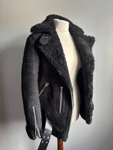 ALLSAINTS sheepskin shearling jacket suede leather XS 6 8  black GARRIX - Picture 1 of 23