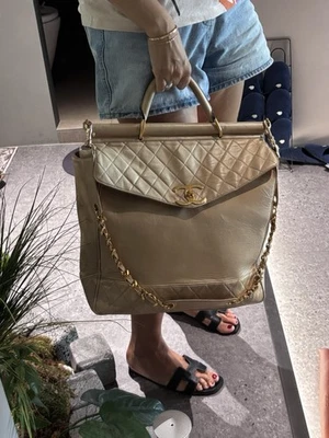 Authentic CHANEL RARE Vintage Large calfskin beige leather weekend carryon bag - Image 1 of 4