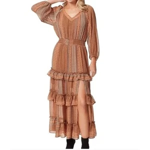 Jessica Simpson Womens Tiered Maxi Dress XS Ruffle Kelley Brown Boho Prairie  - Picture 1 of 12