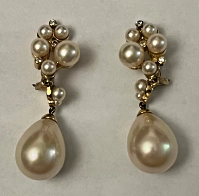 Vtg 14k Yellow Gold Plated Faux Pearl Cubic Zirconia Dangle Drop ClipOn Earrings - Image 1 of 4