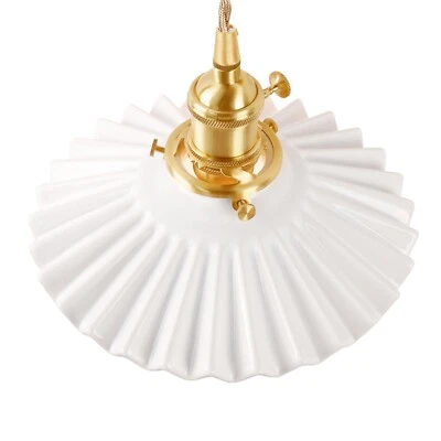 Pendant Light with White Pleated Ceramic Lmapshade, Brass Vintage Pendant Lig... - Image 1 of 4