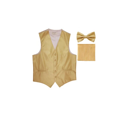 New Men's Formal Vest Tuxedo Waistcoat_bowtie & hankie set stripes gold party - Image 1 of 4