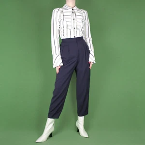 VINTAGE 90s Navy Blue High Waist Smart Pleat Crop Dark Capri Trousers Pants S 10 - Picture 1 of 11