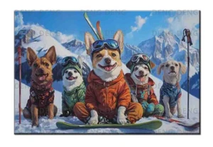 Ski Dogs Oil Painting Printed On Canvas,Pet Lovers Winter Sports Home Wall Art - Picture 1 of 10