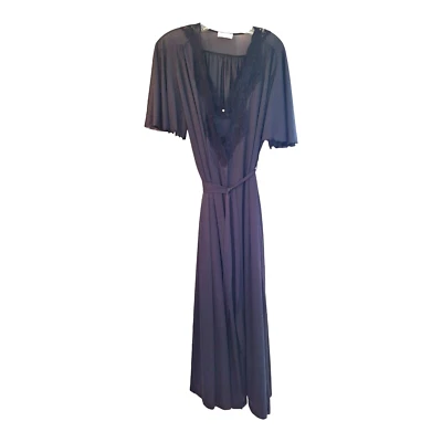 DE COLECCIÓN EE. UU. MISS ELAINE PEIGNOIR CONJUNTO CAMISÓN NEGRO Y BATA ENCAJE LARGO PEQUEÑO Foto 1 de 4