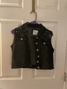 Justice Black Rhinestone Denim Jean Vest Size 16 - Picture 1 of 3