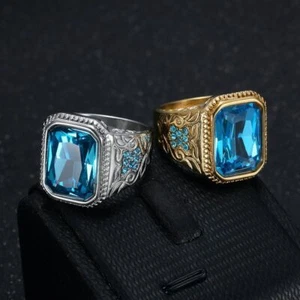 Rectangular Blue Stone Ring Imitation Gemstone Stainless Steel plated Gold Men - Picture 1 of 10
