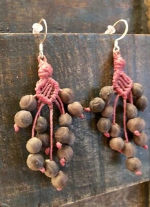 New Handcrafted Palm Tree Seed Pod Earrings With Purple - Picture 1 of 2