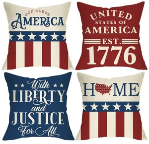 4th of July American Patriotic Decorative Pillow Cover 16x16 Set of 4, USA St... - Picture 1 of 7