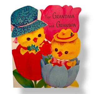 Vintage 60er Jahre Grußkarte Oma Opa Ostern signiert Norcross Küken Blumen - Bild 1 von 3