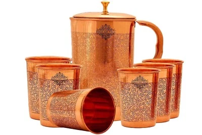 Juego de regalo de 1 jarra y 6 vasos de cobre puro diseño en relieve Foto 1 de 4