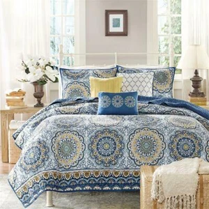 NEW! ~ BEACH TROPICAL BOHO BLUE AQUA NAVY YELLOW GOLD GLOBAL MEDALLION QUILT SET - Picture 1 of 6
