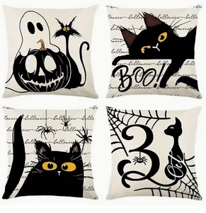 4 HALLOWEEN KATZEN AUF WEISS Überwurf Kissenbezüge 18x18 Reißverschluss Urlaub Dekoration - Bild 1 von 2