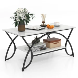 2-Tier Modern Faux Marble Coffee Table Metal Frame Rectangular Living Room Table - Picture 1 of 11