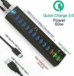 USB Hub Powered with 10 USB 3.0 Ports, 3 Charging Ports - Picture 1 of 3