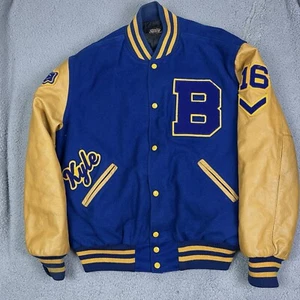 Vintage Braham Bombers Varsity Jacket Blue High School Coat Minnesota MN Large - Picture 1 of 16