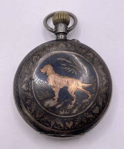 Antique Swiss Silver Niello inlaid Gold Dog Pocket Running Watch but needs Work - Picture 1 of 17