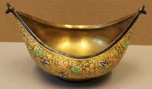 05/15. Antique Indian Kashmir Paper Mache on Brass Kashkul Beggars Bowl - Picture 1 of 10