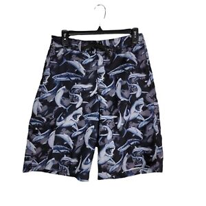 Boy’s SHARK print lined swim trunks swimwear size 14-16 blue black white ARIZONA