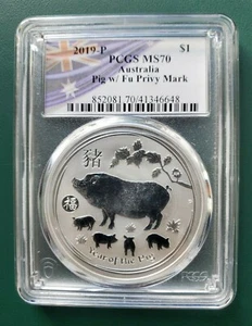 Moneda Australia Año del Cerdo 2019 1 oz plata 9999 con Fu Privy PCGS MS 70 última - Imagen 1 de 2