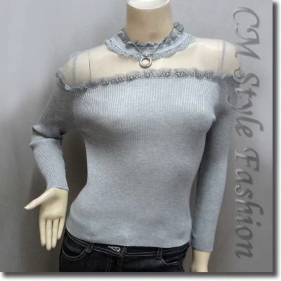 Elegante Sexy Blusa Transparente con Borde de Encaje Superior Gris XS~S Foto 1 de 4