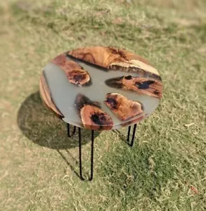 Round Clear Smoky Epoxy Resin Table Handmade Natural Farmhouse Live Edge Wood - Picture 1 of 8