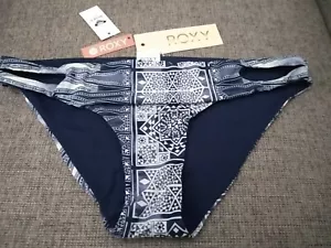 New Roxy Blue White Geometric Bikini Bottoms Size L Side Cutout Details - Picture 1 of 7