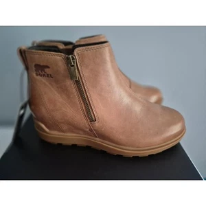 Neu mit Karton Sorel Evie II Reißverschluss Keilabsatz Stiefeletten hellbraun Leder Damen 8,5 wasserdicht - Bild 1 von 7