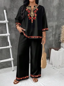 EMERY ROSE Plus Size 2PCS Floral Print Shirt & Pants Set Women’s Casual Outfit - Picture 1 of 18