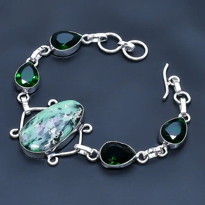 Brazalete Joyería Piedras Preciosas Hecho a Mano Rubí Zosite, Peridoto 7-8" D927 Foto 1 de 3