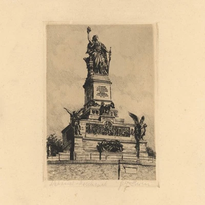 Niederwalddenkmal Radierung historisch Landschaft Hessen signiert um 1900 - Bild 1 von 4