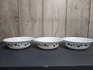 CORELLE Vitrelle white w/brown squares GEOMETRIC, Set of 3 SOUP BOWLS - Picture 1 of 20
