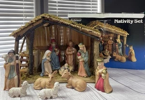 Vintage Sears Nativity Set 11 Porcelain Figures 32-97889 Christmas Wood Stable - Picture 1 of 24