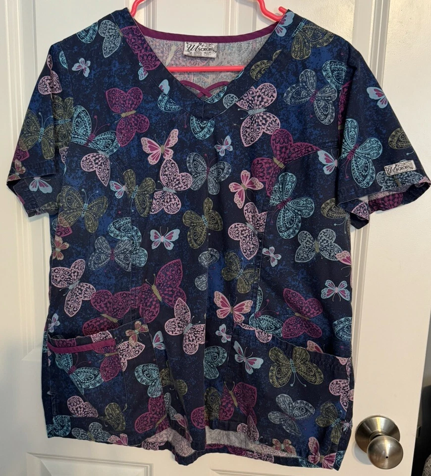 Women’s Scrub Top UA Scrubs Size Large Beautiful Butterfly Pattern - Image 1 of 3