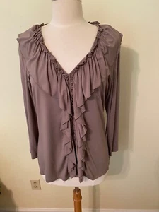 Steven Edwards V Neck Shirt XL 3/4 Sleeve w/Gathered Collar Brown - Picture 1 of 3