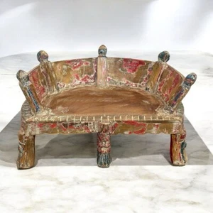 Vintage Wooden Pooja Chowki with Guardian Figurines, Antique Chowki - Picture 1 of 5