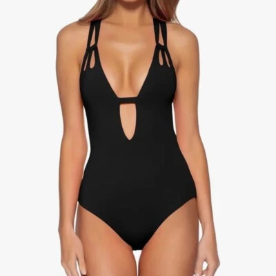 BECCA Plus Size Backless Strap Sexy Black Strappy Plunge One Piece Swimsuit XXL - Image 1 of 4