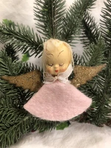 Vintage Weihnachten ~ Engel Ornament ~ Pappmaché Gesicht ~ Feder Haare ~ rosa & gold - Bild 1 von 8