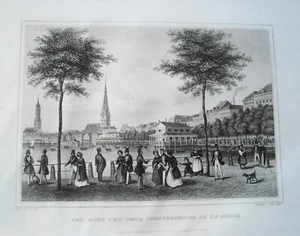 Hamburg alter und neuer Jungfernstieg  wunderschöner alter Stahlstich 1842 - Bild 1 von 1