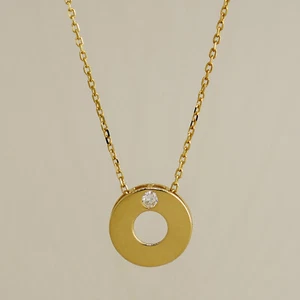 14K Solid Gold Solitaire Diamond Studded Round Necklace Natural Genuine Diamond - Picture 1 of 13