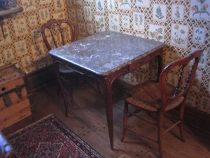 Antique French Table And Two Chairs Hand Carved Walnut Marble Top - Picture 1 of 14