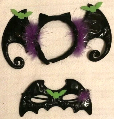 BLACK BAT Eye Mask and Black Bat HEAD DRESS 2 Pieces COSTUME ACCESSORY - Image 1 of 4